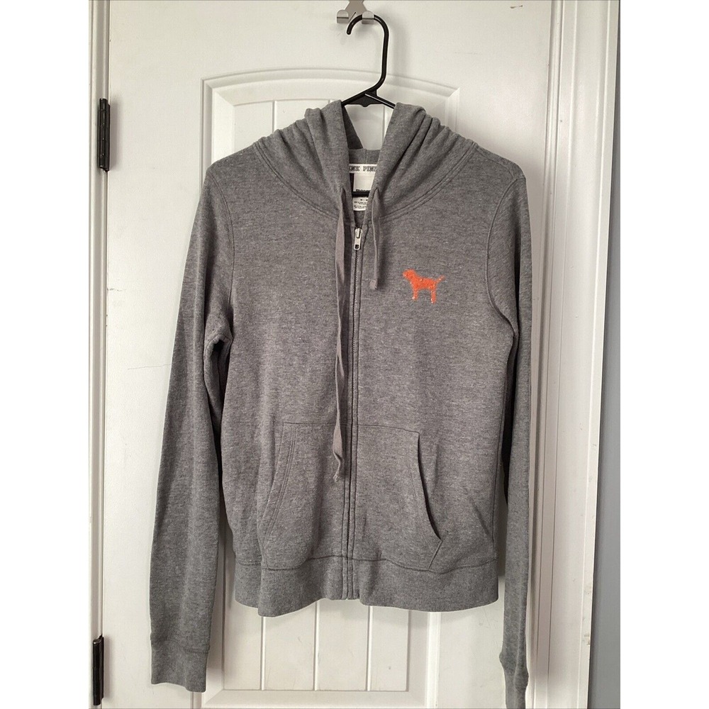 PINK Grey Zip Up Hoodie Sweater Medium Love Pink Orange